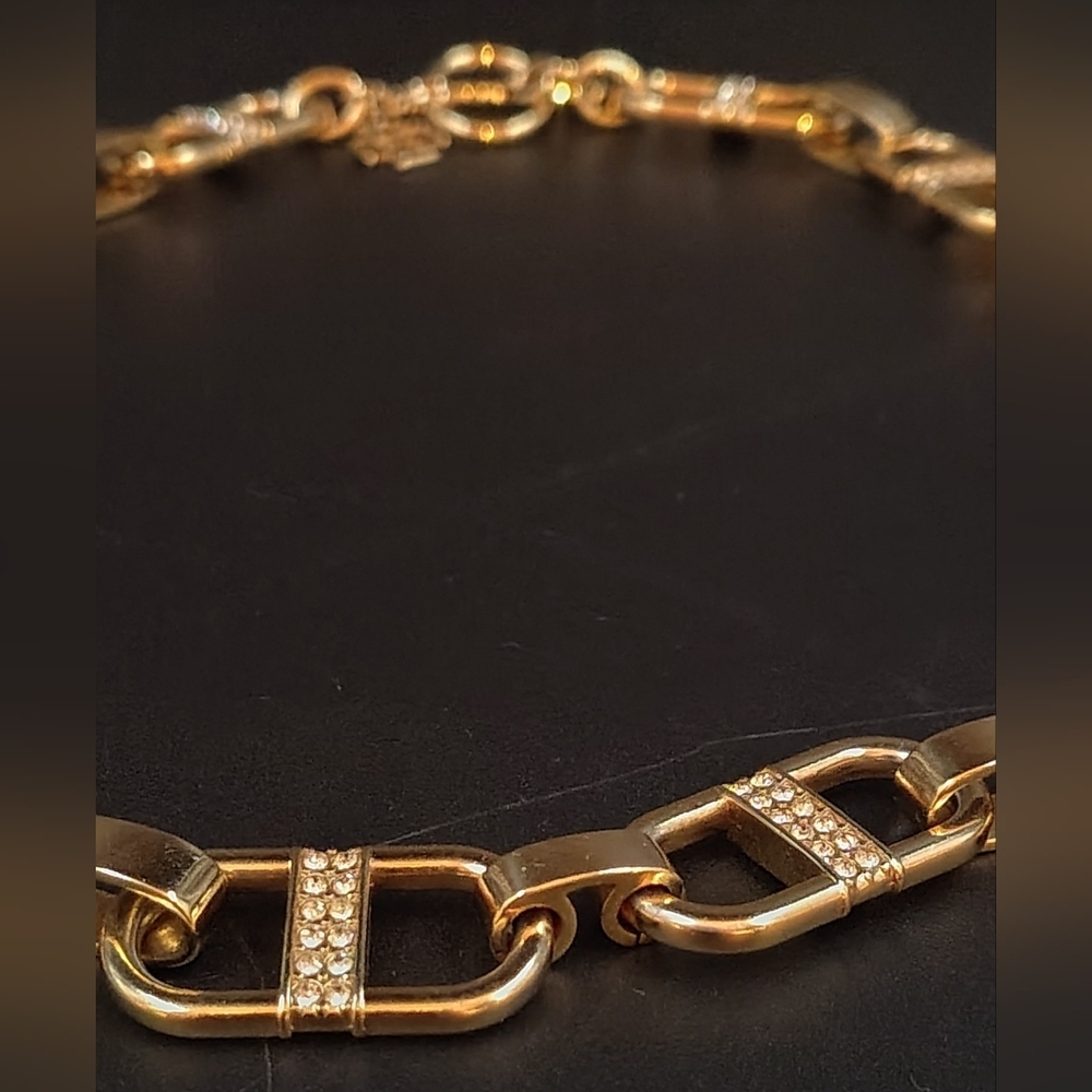 Ann Taylor Gold Tone Paper Clip Rhinestone Chunky Necklace Choker - Picture 8 of 14